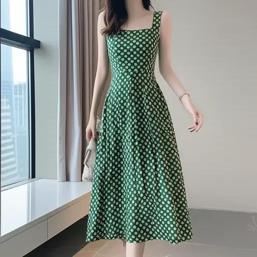 我穿了那条带绿色圆点的裙子。