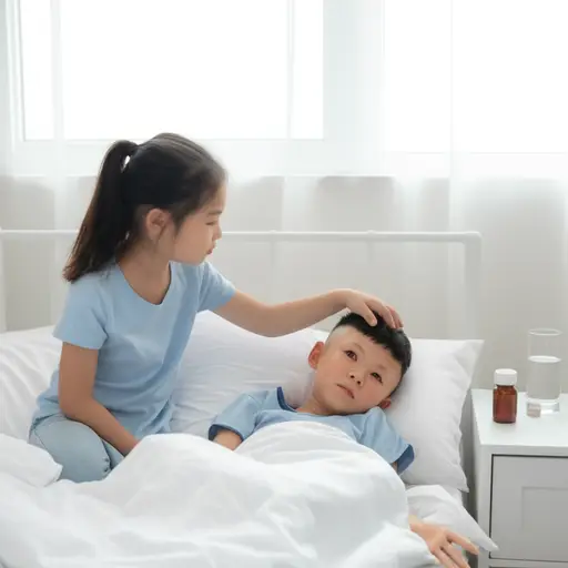 我朋友不得不留在家里照顾她弟弟，因为他发高烧了。