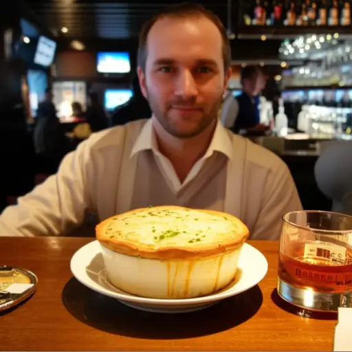 他在酒吧点了一份鸡肉蘑菇派。